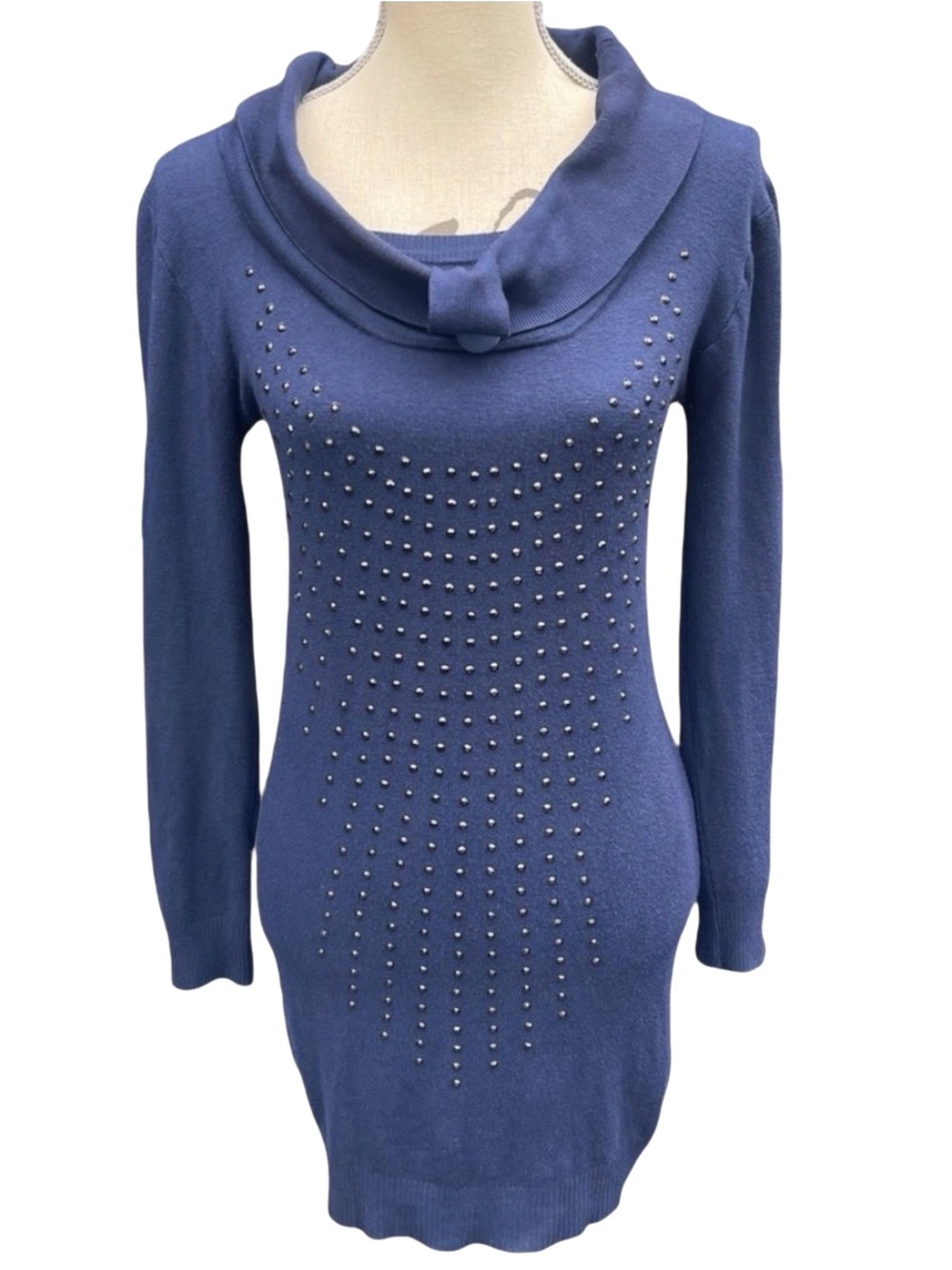 ESPRIT Collection Navy Embellish Cowl Neck Fine Knit Bodycon Mini Dress (S)